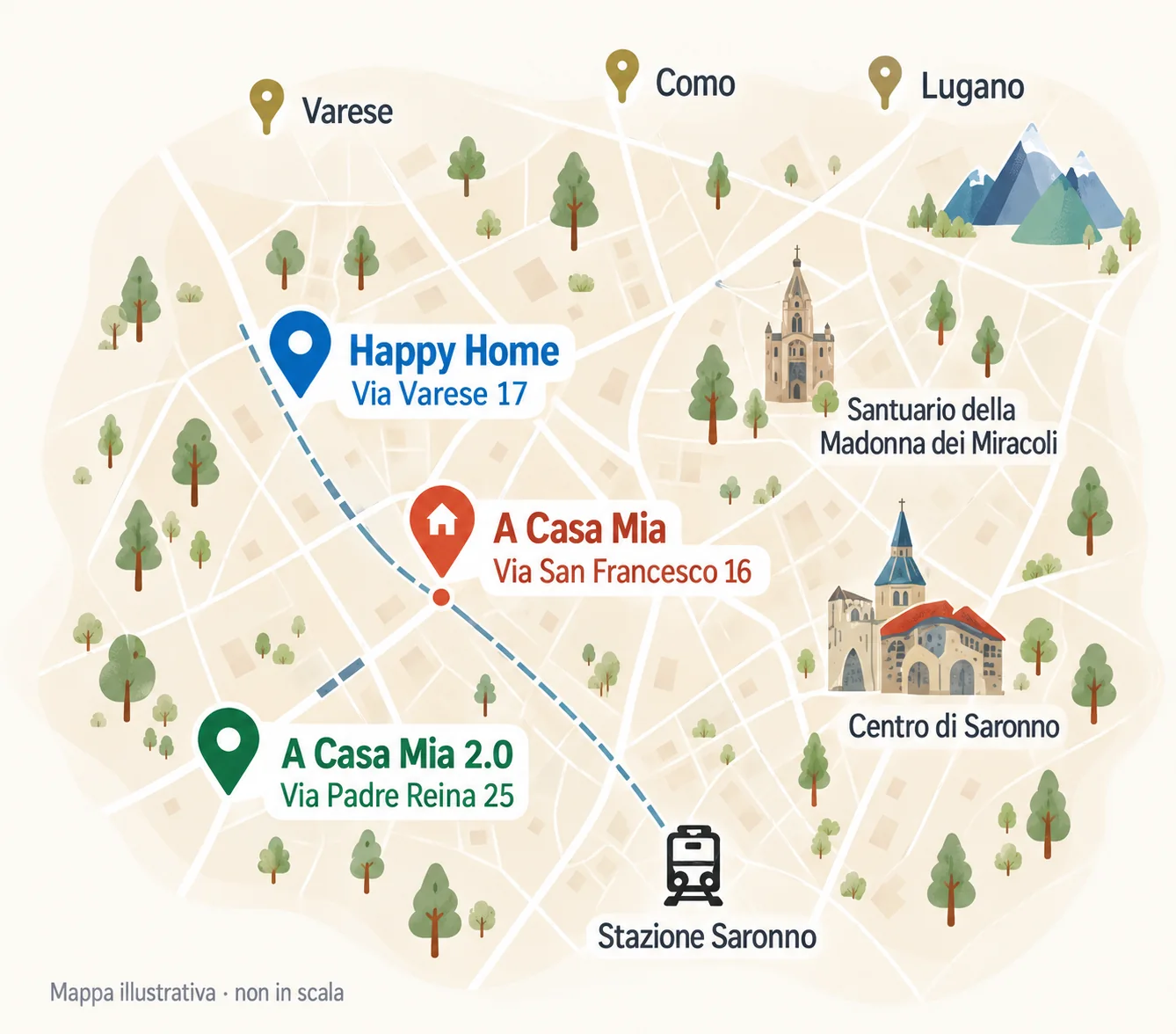 Mappa illustrativa di Saronno con le tre case: Happy Home in Via Varese 17, A Casa Mia in Via San Francesco 16, A Casa Mia 2.0 in Via Padre Reina 25, la stazione e il centro